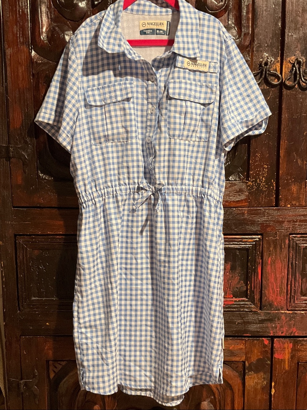 Magellan Outdoors Blue and White Gingham Drawstring Shirt Dress